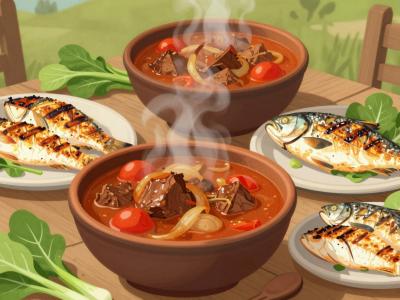 AI-generated illustration of Baranja Culinary Experience (Hearty Stews, Sausages, Grilled Fish, Sweet Desserts)