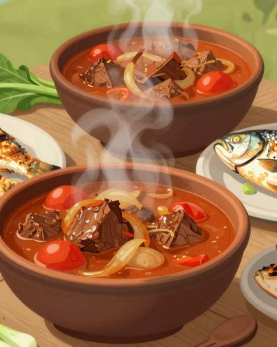 AI-generated illustration of Baranja Culinary Experience (Hearty Stews, Sausages, Grilled Fish, Sweet Desserts)