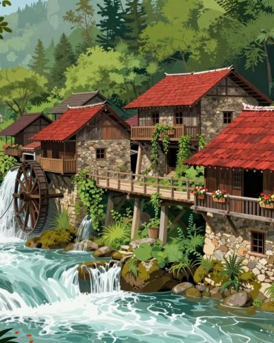 AI-generated illustration of Rastoke Watermills