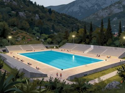 AI-generated illustration of Torch-lit Swimming Pool (Gradski Bazen Delnice)