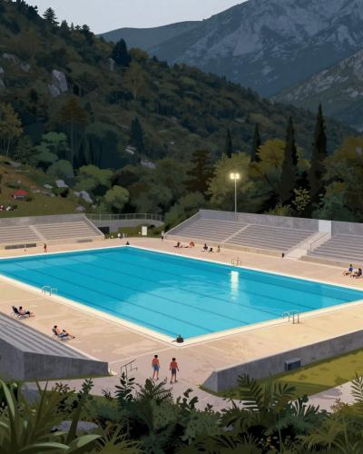 AI-generated illustration of Torch-lit Swimming Pool (Gradski Bazen Delnice)