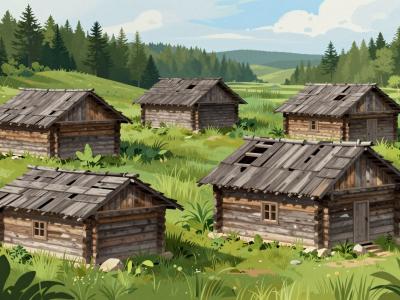 AI-generated illustration of Traditional wooden houses ('stanovi')