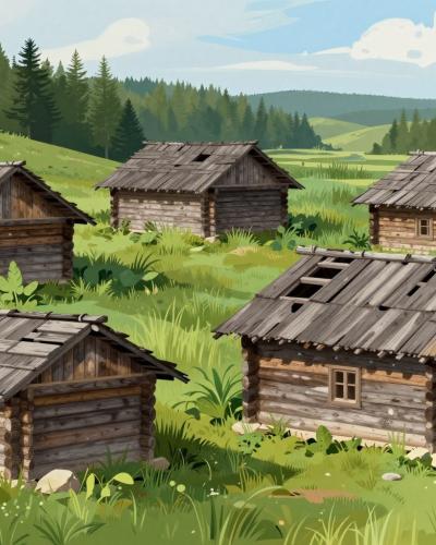 AI-generated illustration of Traditional wooden houses ('stanovi')