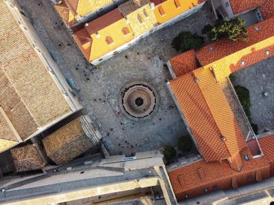 Aerial shot of Dubrovnik's Old Town featuring Large Onofrio's Fountain.