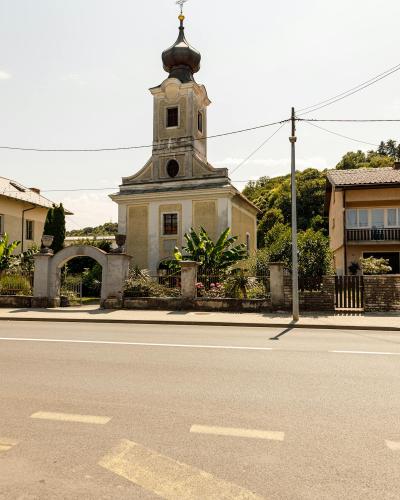 A charming historic church with unique architecture in Karlovac, Croatia, photographed on a sunny day.
