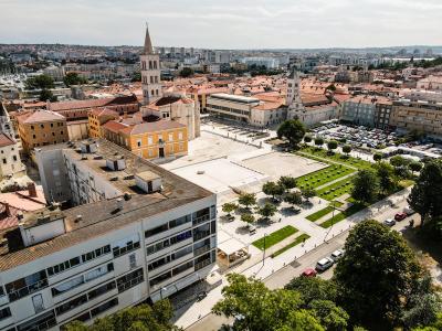 Aerial image of Zadar, Croatia showcasing historic architecture and urban landscape.