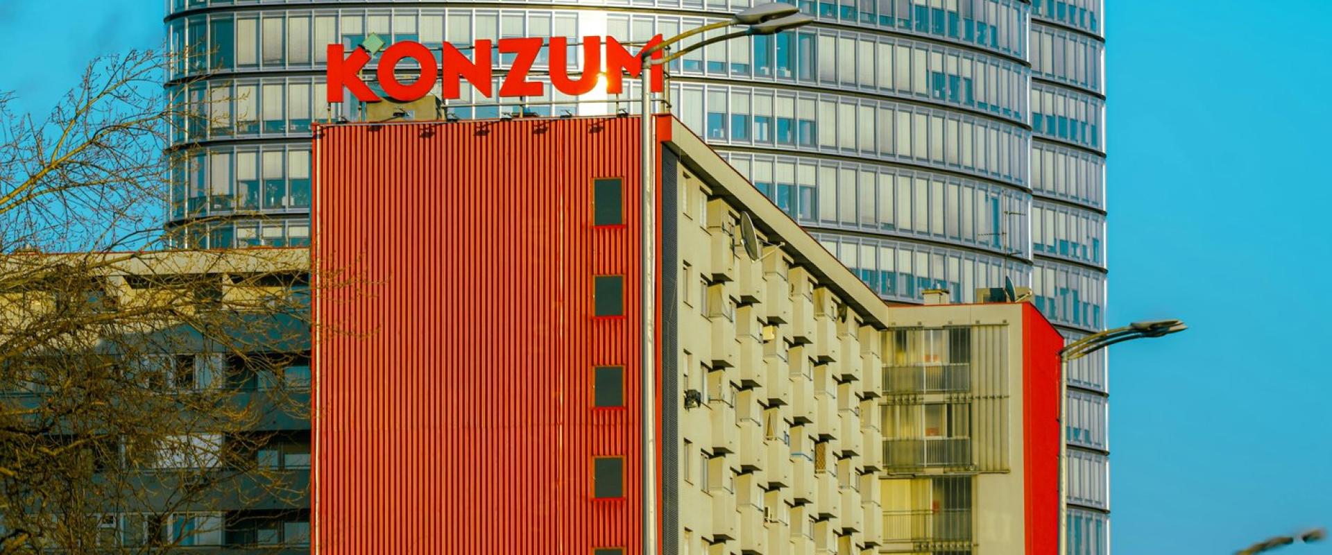 Vibrant urban scene of modern architecture in Zagreb, Croatia featuring the prominent Konzum building.