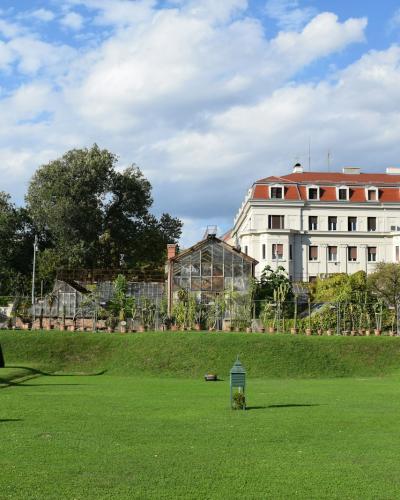 The image shows a large grassy park with manicured lawns, conical topiary trees, and several glasshouse structures in the background, with a prominent white building featuring a red-tiled roof on the right side.