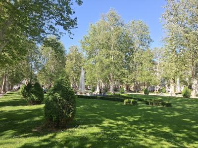 A sunlit public park with manicured lawns, tall poplar trees, sculpted shrubs, and active water fountains, with people walking and sitting on benches under a clear blue sky.