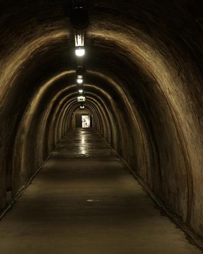 A long, arched concrete tunnel with a central row of overhead lights and a wet-looking floor leading to a bright exit at the far end.