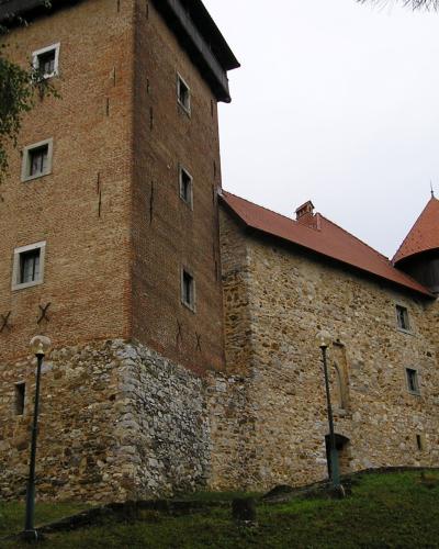 A medieval stone and brick castle featuring a tall rectangular tower with a wooden roof, a round turret with a conical tiled roof, and stone walls situated on a grassy slope.