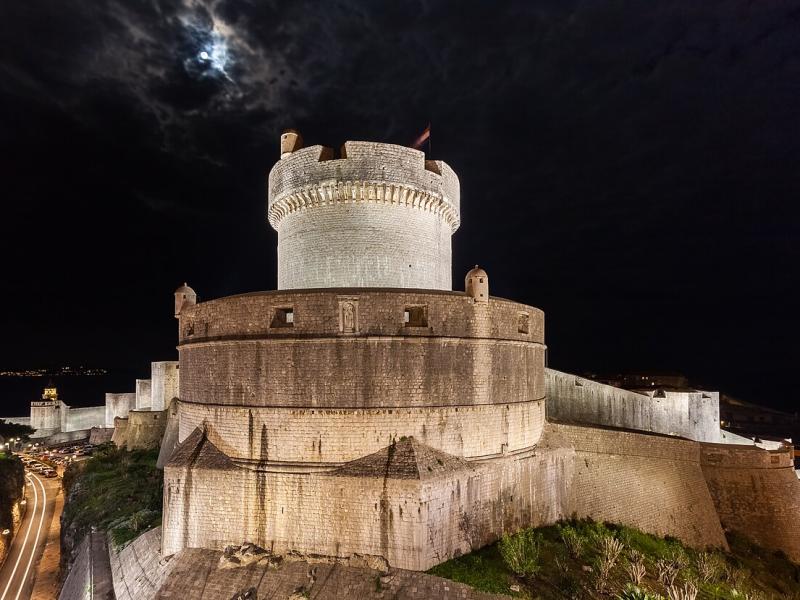 The floodlit Minčeta tower on Dubrovnik's city walls at night