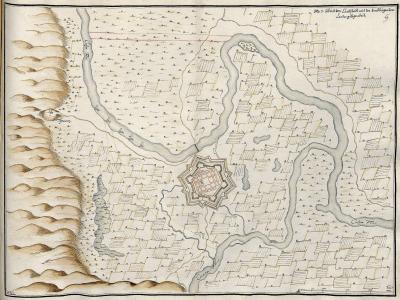 A historical hand-drawn map depicting a star-shaped fortress city situated at the confluence of several rivers, with German text in the upper right corner reading "Abriß von Carllstadt..." and labels for rivers like "Kupa" and "Duna".
