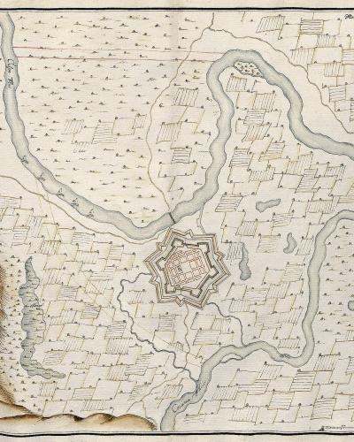 A historical hand-drawn map depicting a star-shaped fortress city situated at the confluence of several rivers, with German text in the upper right corner reading "Abriß von Carllstadt..." and labels for rivers like "Kupa" and "Duna".