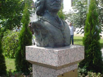 Bronze bust of Nikola Zrinski on a stone pedestal in the centre of Donja Dubrava, Međimurje