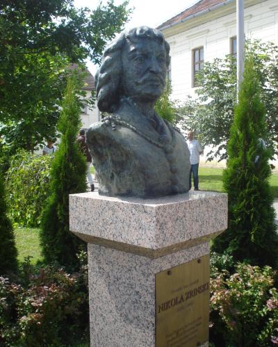 Bronze bust of Nikola Zrinski on a stone pedestal in the centre of Donja Dubrava, Međimurje