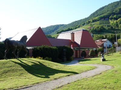 A large bronze horse statue stands on a grassy slope in front of a modern building with a distinctive red-tiled, angular roof, set against a backdrop of green hills.