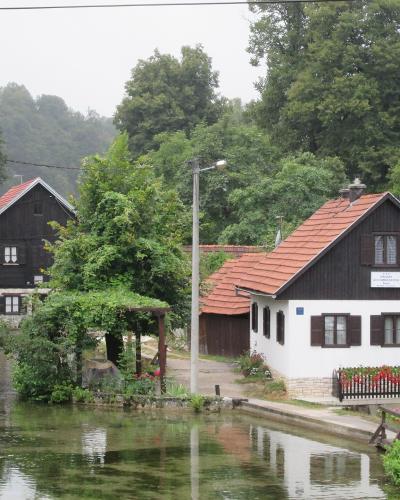 A view of traditional wooden and whitewashed houses along a river in a forested area, with a sign on the white house reading "PENSION VUČETA".