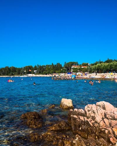 A sunny coastal scene showing a pebble beach crowded with sunbathers and swimmers, with a harbor area and town buildings visible in the background under a clear blue sky.