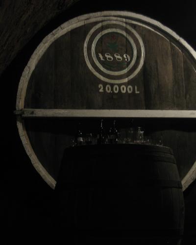 Huge historic oak wine barrels in the underground cellars of Kneževi Vinogradi