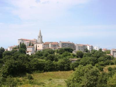 The hilltop town of Bale in Istria with its church bell tower