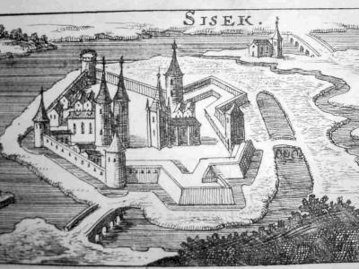 A historical black-and-white engraving depicting a fortified island city with a castle and church, labeled "SISEK" at the top, with a bridge visible in the background.