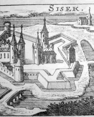 A historical black-and-white engraving depicting a fortified island city with a castle and church, labeled "SISEK" at the top, with a bridge visible in the background.