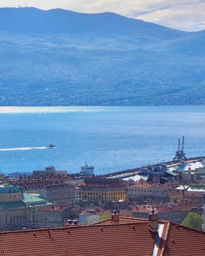 A panoramic view of the city of Rijeka, Croatia, showing the urban skyline with terracotta roofs, the Kvarner Bay, and the long Molo Lungo breakwater extending into the sea with cranes at its end, backed by the Učka mountain range.