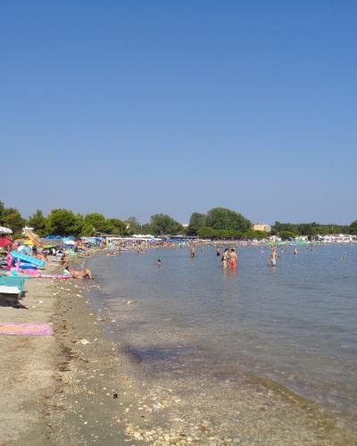 A crowded sandy beach with sunbathers, umbrellas, and people swimming in calm, clear water under a blue sky, with trees and buildings visible in the background.