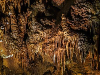 The image displays the interior of a limestone cave, featuring close-up views of stalactites and other mineral formations illuminated by artificial lighting, with no visible signage or human elements.