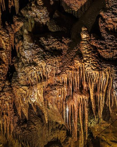 The image displays the interior of a limestone cave, featuring close-up views of stalactites and other mineral formations illuminated by artificial lighting, with no visible signage or human elements.