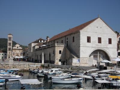 The Arsenal building on the harbour of Hvar Town, whose upper floor houses the 1612 Hvar public theatre