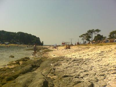 A rocky shoreline with a pebble beach, pine trees, and people relaxing under a clear sky, with a filename indicating "Općina Medulin, Croatia".