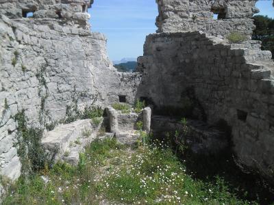 The image shows the interior ruins of a stone structure with overgrown vegetation, featuring two prominent stone pillars or posts in the center and a view of the sea and distant land through an opening in the walls.