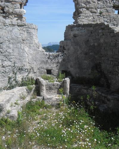 The image shows the interior ruins of a stone structure with overgrown vegetation, featuring two prominent stone pillars or posts in the center and a view of the sea and distant land through an opening in the walls.