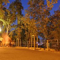 Lamps hanging under the trees of the Strossmayer Promenade in Zagreb's Upper Town at dusk