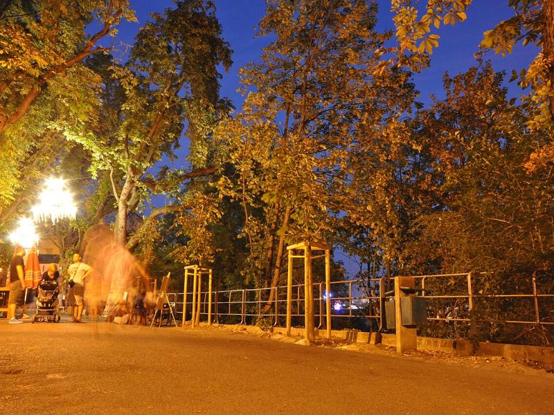 Lamps hanging under the trees of the Strossmayer Promenade in Zagreb's Upper Town at dusk