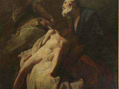 The image shows a Baroque-style oil painting depicting the biblical scene of Abraham about to sacrifice his son Isaac, with an angel intervening; it is titled 'Abraham's Sacrifice of Isaac' by Federico Bencovich.