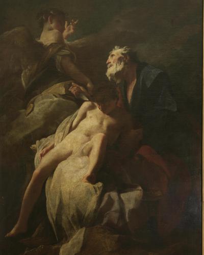 The image shows a Baroque-style oil painting depicting the biblical scene of Abraham about to sacrifice his son Isaac, with an angel intervening; it is titled 'Abraham's Sacrifice of Isaac' by Federico Bencovich.