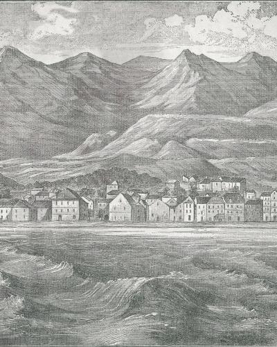 A black-and-white engraving depicting a coastal town with a row of buildings along the waterfront, backed by large mountains, with the filename indicating "Vienac Karlobag".