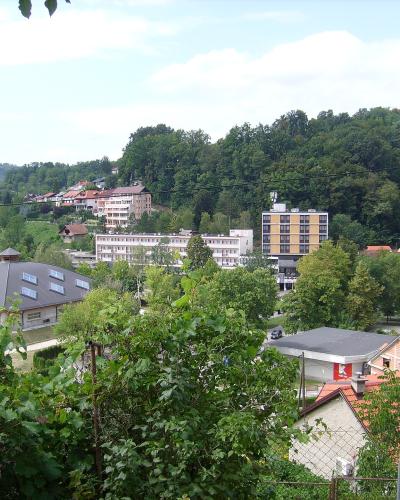 A scenic view of a town nestled in a green valley with several multi-story buildings, including a prominent yellow and white hotel-like structure and a building with a distinctive dark, sloped roof with skylights, surrounded by trees and hills.