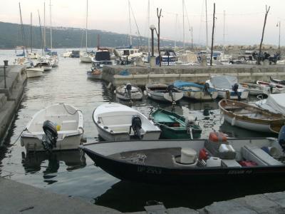 A harbor scene showing numerous small boats and yachts moored in calm water, with a stone quay in the foreground and a hillside town in the background.