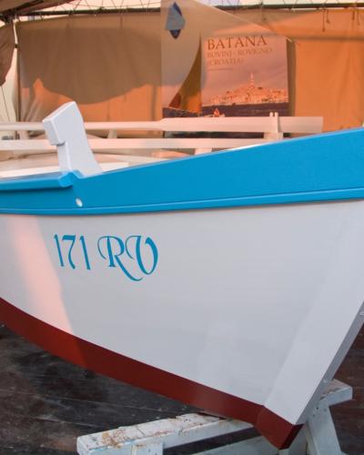 A traditional Rovinj batana boat on display in the Batana Eco-Museum