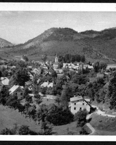 A vintage black and white postcard showing a panoramic view of a small village nestled in a valley with forested hills in the background, labeled "Prezid" in the top left corner.