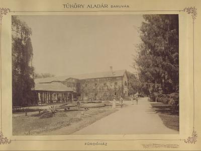 A sepia-toned historical photograph showing a large, ivy-covered building with a veranda and garden, identified by text at the top as "TÜKÖRY ALADÁR DARUVÁR" and at the bottom as "FÜRDŐHÁZ" (Bath House).