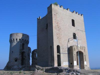 The medieval towers of Erdut Castle above the Danube, beside the Erdut wine cellars